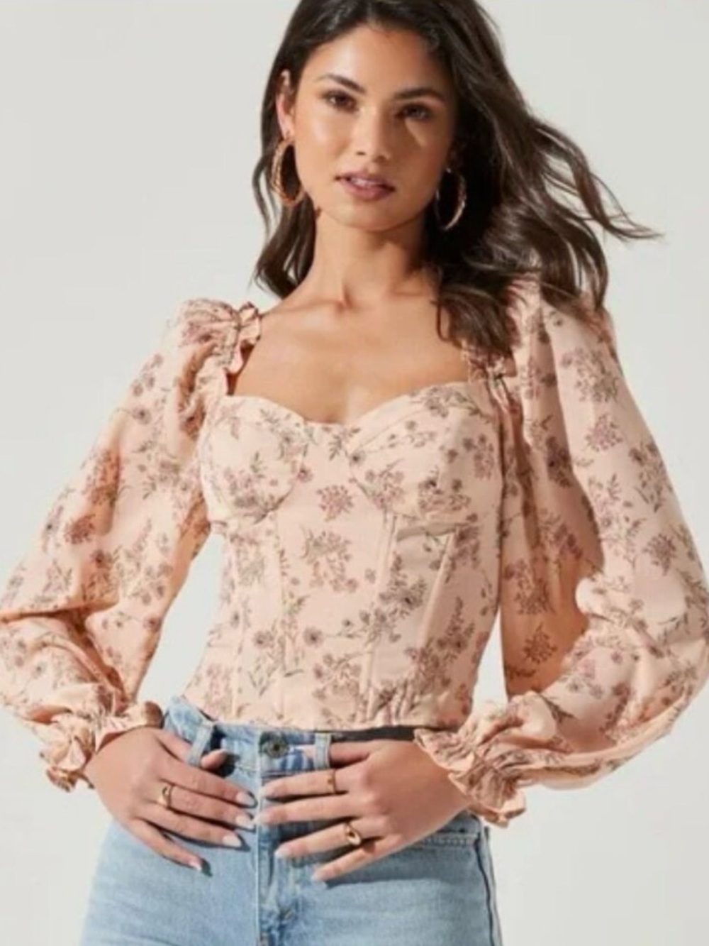 Astr Puff-Sleeve Floral Corset Top in Blush